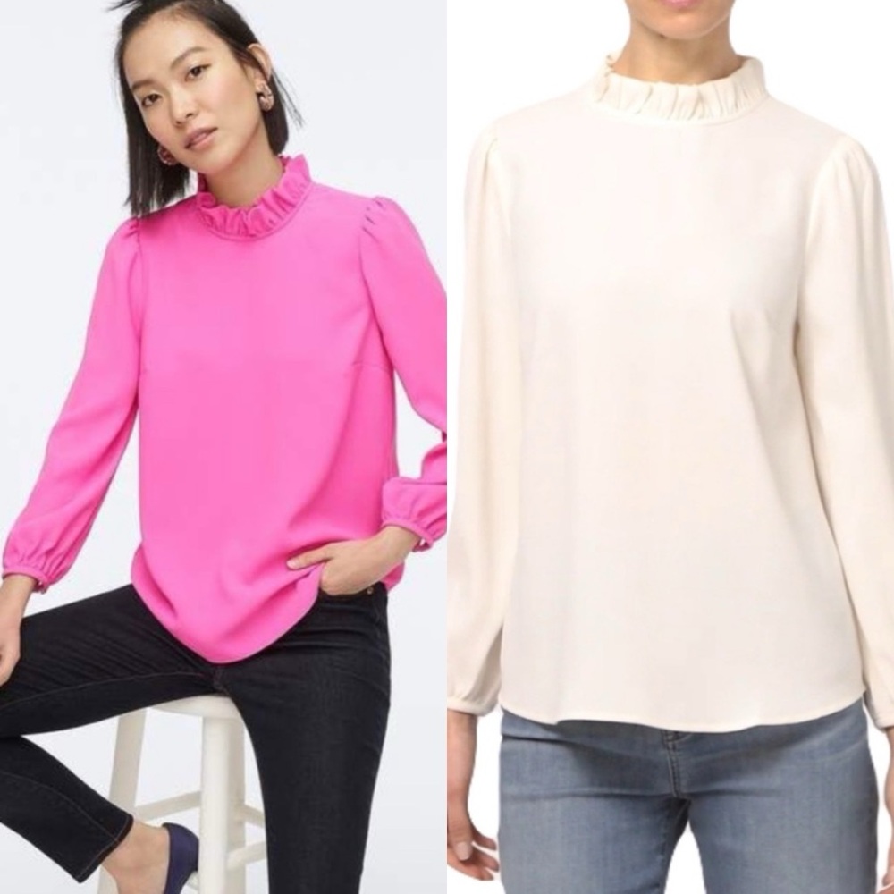 Lot Of 2 J. Crew Rufflneck Top Long Sleeve Blouse Pink/Cream Blouses‎ Women’s XS